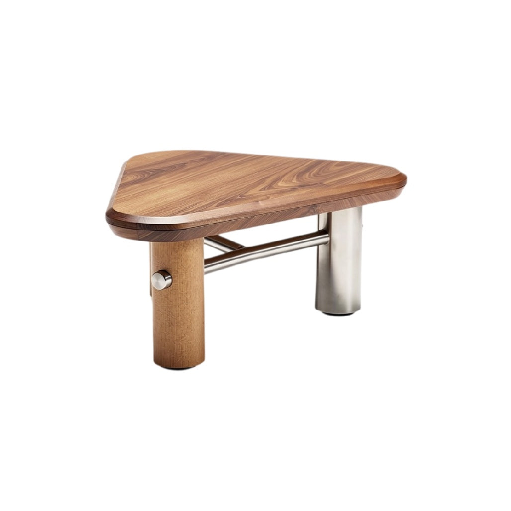 Table d'appoint en forme de triangle avec pieds en acier inoxydable et bois