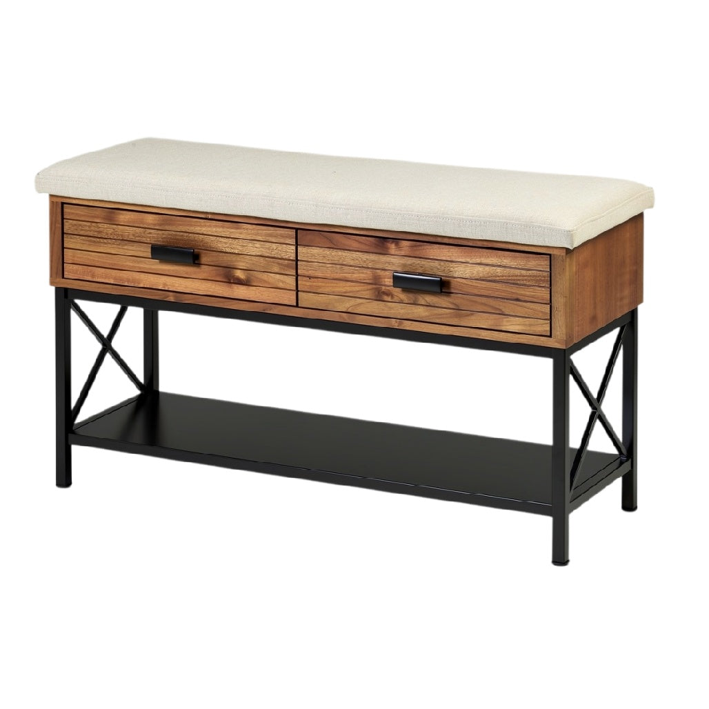 Banc en bois avec coussin et tiroirs de rangement