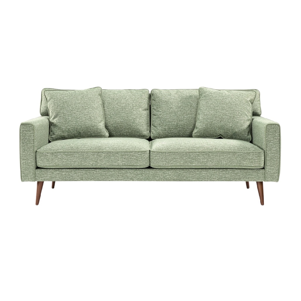 Canapé moderne en tissu vert avec coussins, design épuré et pieds en bois