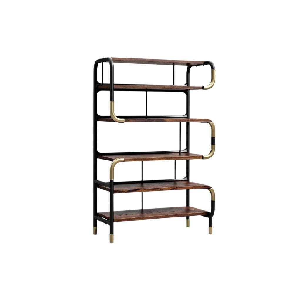 Étagère moderne en bois et métal avec finition dorée